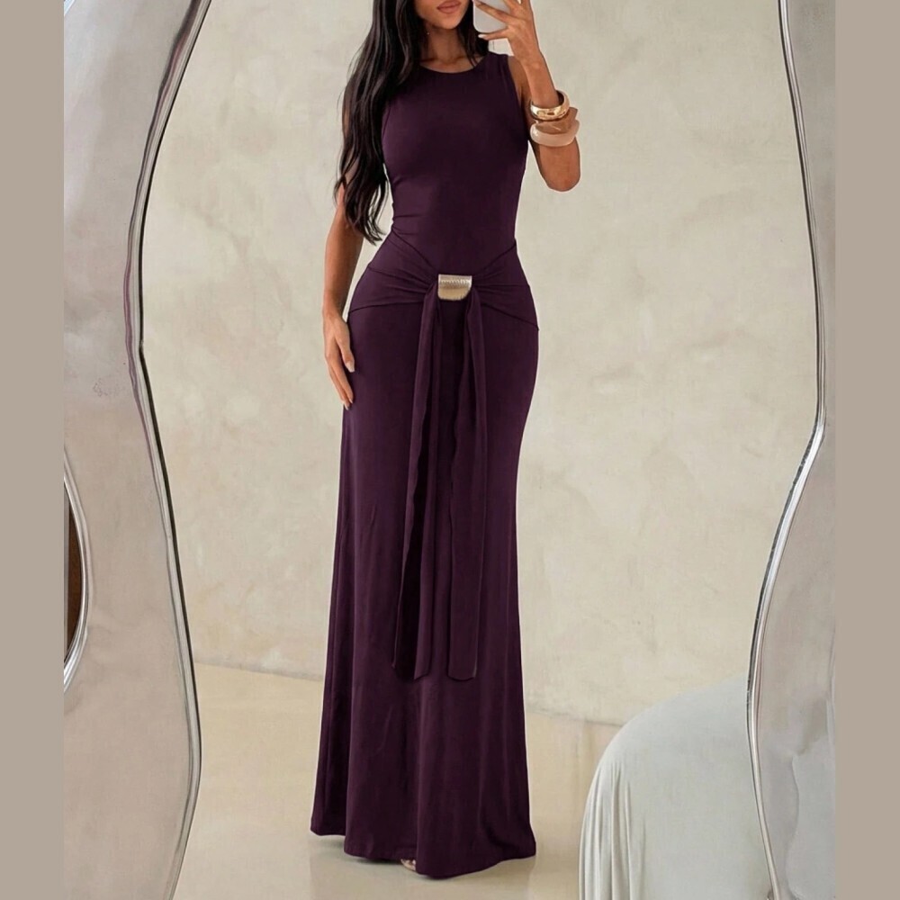 Plum Purple Sleeveless Draped Maxi Dress with Gold Hardware Waist Detail
